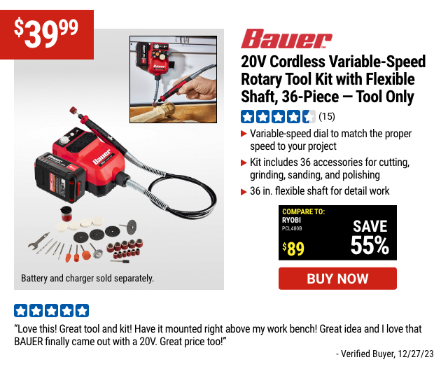BAUER: 20V Cordless Variable-Speed Rotary Tool with Flexible Shaft - Tool Only