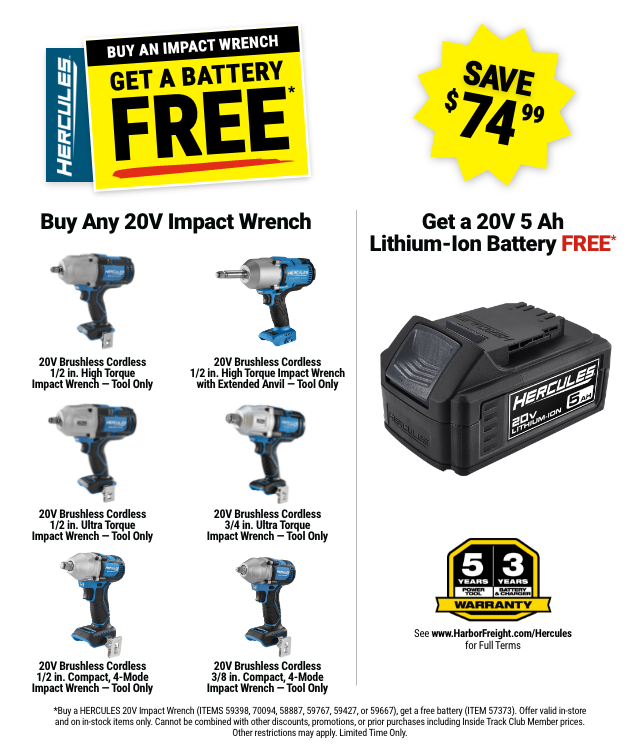 HERCULES: BUY AN IMPACT WRENCH - GET A BATTERY FREE - SAVE $74.99