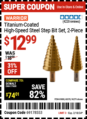 WARRIOR: Titanium-Coated High-Speed Steel Step Bit Set, 2-Piece