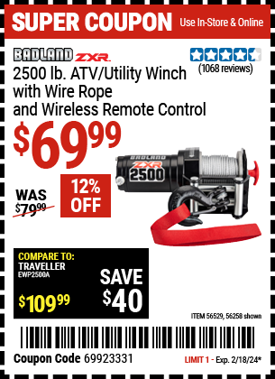 BADLAND: ZXR 2500 lb. ATV/Utility Winch with Wire Rope and Wireless Remote Control