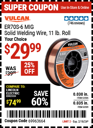 VULCAN: 0.035 in. ER70S-6 MIG Solid Welding Wire, 11 lb. Roll