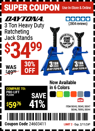 DAYTONA: 3 Ton Heavy Duty Ratcheting Jack Stands - coupon