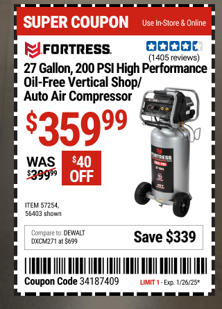 FORTRESS 27 Gallon, 200 PSI High Performance Oil-Free Vertical Shop/Auto Air Compressor