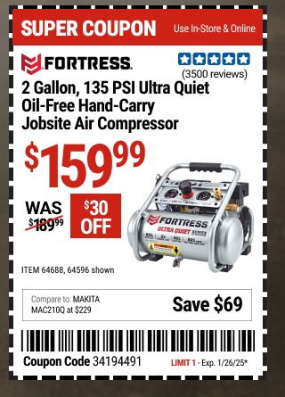 FORTRESS 2 Gallon, 135 PSI Ultra Quiet Oil-Free Hand-Carry Jobsite Air Compressor