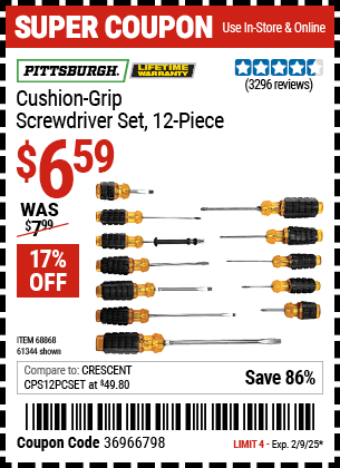 PITTSBURGH Cushion Grip Screwdriver Set, 12-Piece