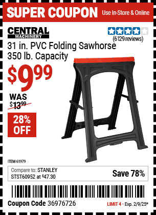 CENTRAL MACHINERY 31 in. PVC Folding Sawhorse, 350 lb. Capacity