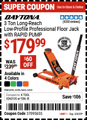 DAYTONA 3 Ton Long-Reach Low-Profile Professional Floor Jack with RAPID PUMP