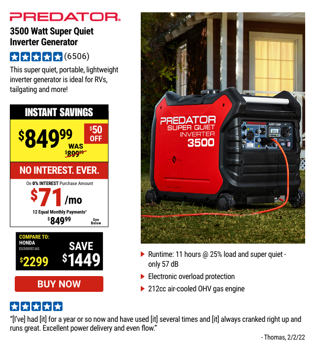 PREDATOR: 3500 Watt Super Quiet Inverter Generator