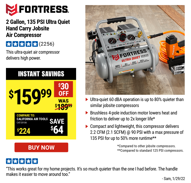 FORTRESS: 2 Gallon 135 PSI Ultra Quiet Hand Carry Jobsite Air Compressor  (2,258)  Write a Review