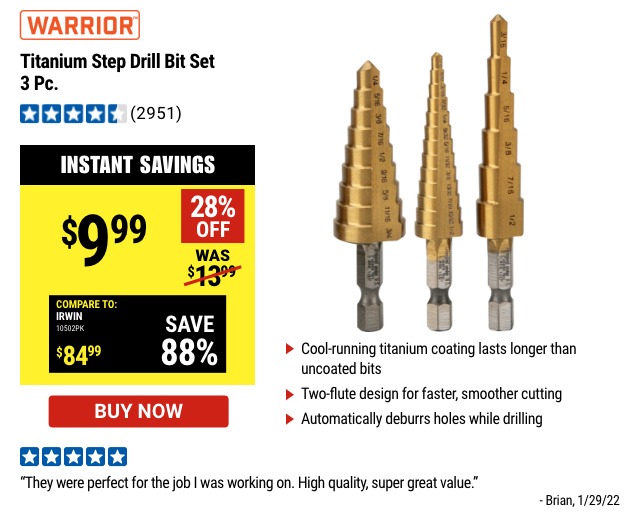 WARRIOR: Titanium Step Drill Bit Set, 3 Pc.