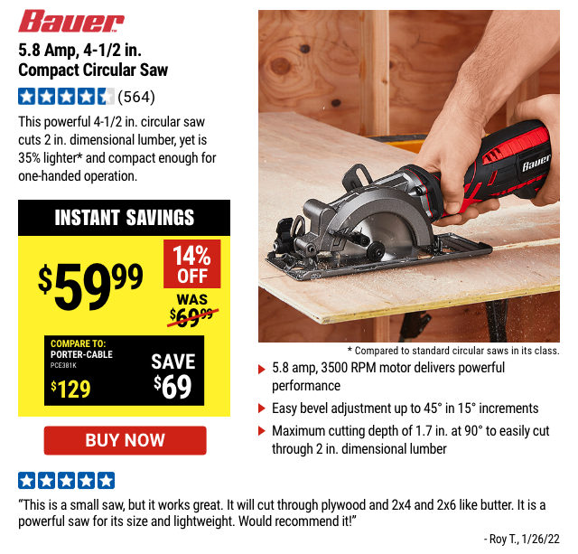 BAUER: 5.8 Amp 4-1/2 In. Compact Circular Saw