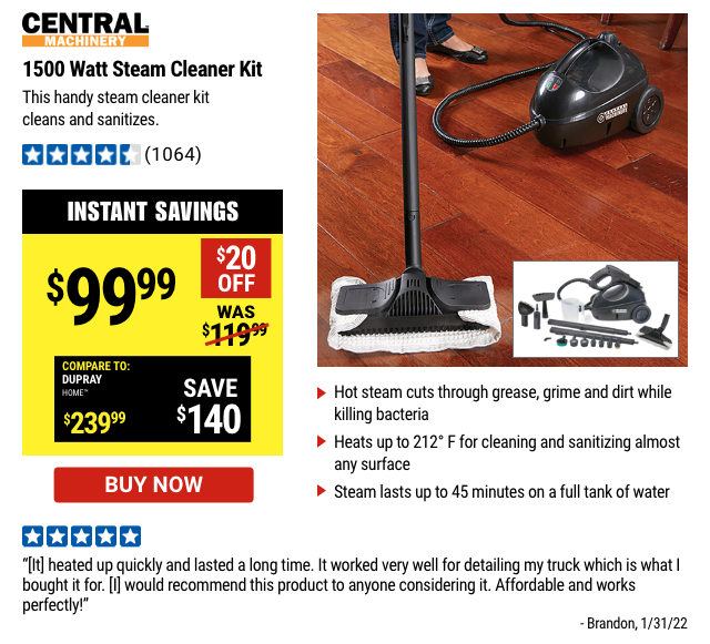 CENTRAL MACHINERY: 1500 Watt Steam Cleaner Kit