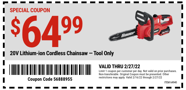 Bauer 20V Lithium-Ion Cordless Chainsaw - Tool Only - Coupon