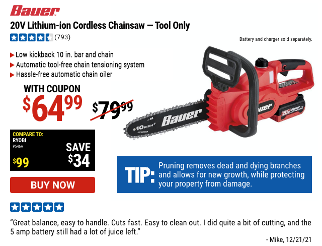 Bauer 20V Lithium-Ion Cordless Chainsaw - Tool Only