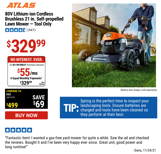 Atlas 80V Lithium-Ion Cordless Brushless 21 in. Self-Propelled Lawn Mower - Tool Only