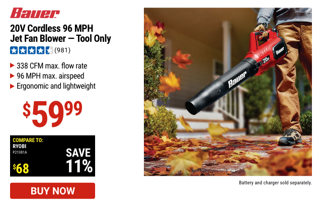 Bauer: 20V Cordless 96 MPH Jet Fan Blower – Tool Only