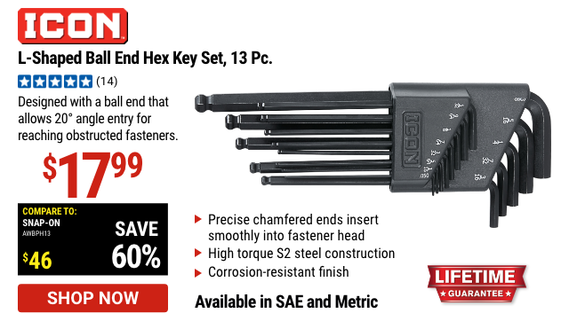 ICON: Metric or SAE L-Shaped Ball End Hex Key Set, 13 Pc.