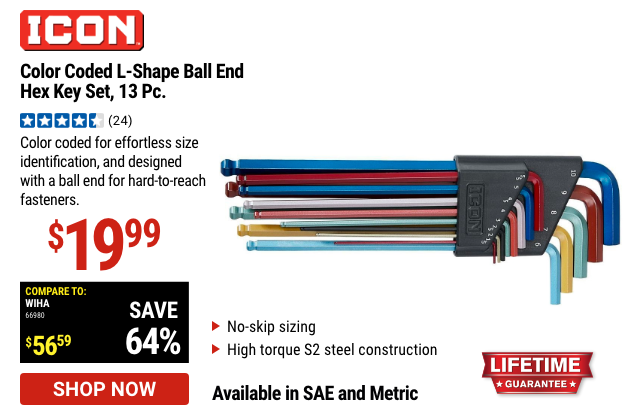 ICON: Metric or SAE Color Coded L-Shape Ball End Hex Key Set, 13 Pc.