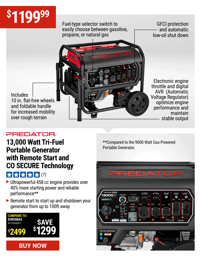 PREDATOR: 13,000 Watt Tri-Fuel Portable Generator with Remote Start and CO SECURE® Technology