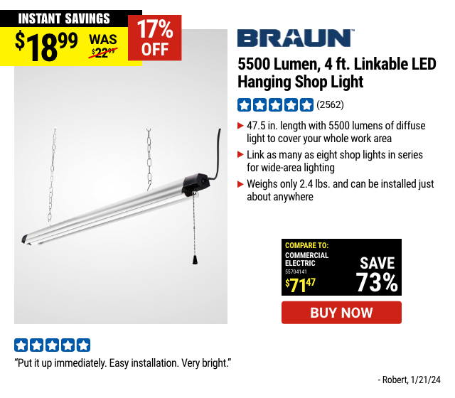 BRAUN: 5500 Lumen, 4 ft. Linkable LED Hanging Shop Light