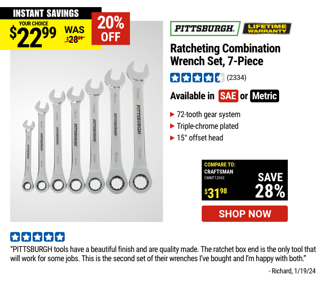 PITTSBURGH: Ratcheting Combination Wrench Set, 7-Piece