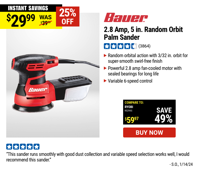 BAUER: 2.8 Amp, 5 in. Random Orbit Palm Sander