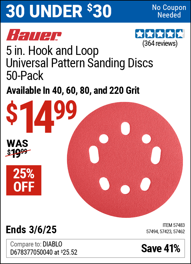 BAUER 5 in. 220 Grit Hook and Loop Universal Pattern Sanding Discs, 50 Pack