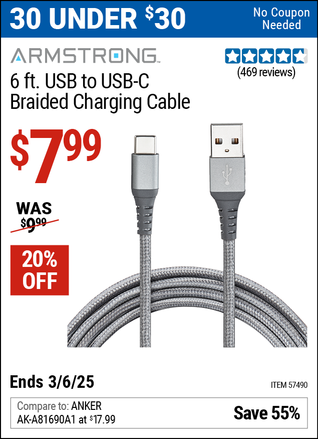 ARMSTRONG 6 ft. USB to USB-C Braided Charging Cable