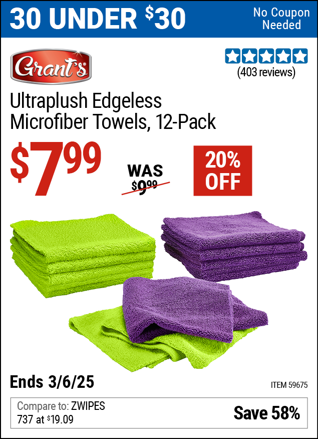 GRANT'S Ultraplush Edgeless Microfiber Towels, 12-Pack