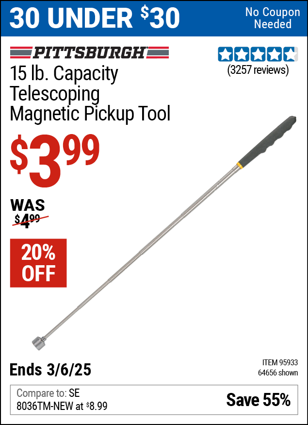 PITTSBURGH 15 lb. Capacity Telescoping Magnetic Pickup Tool