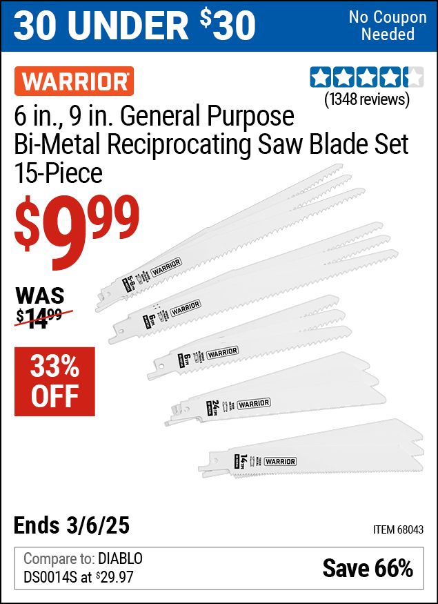 WARRIOR 6 in., 9 in. General Purpose Bi-metal Reciprocating Saw Blade Set, 15 Piece