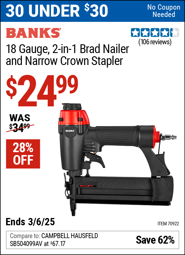 BANKS 18 Gauge, 2-in-1 Brad Nailer and Narrow Crown Stapler