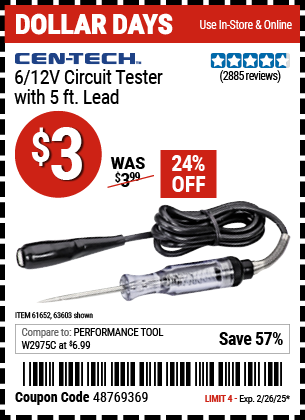 CEN-TECH 6/12V Circuit Tester with 5 ft. Lead