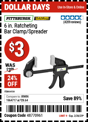 PITTSBURGH 6 in. Ratcheting Bar Clamp/Spreader