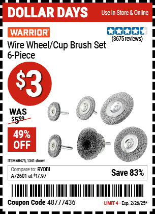 WARRIOR Wire Wheel/Cup Brush Set, 6 Piece