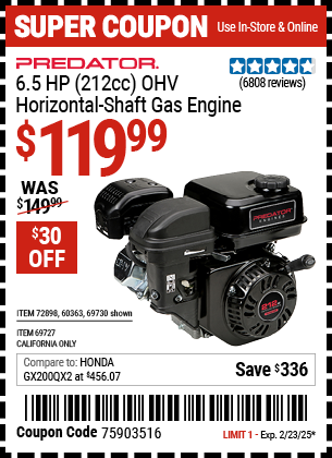 PREDATOR 6.5 HP (212cc) OHV Horizontal Shaft Gas Engine, EPA