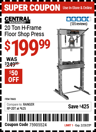 CENTRAL MACHINERY 20 Ton H-Frame Floor Shop Press