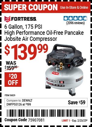 FORTRESS 6 Gallon, 175 PSI High Performance Oil-Free Pancake Jobsite Air Compressor