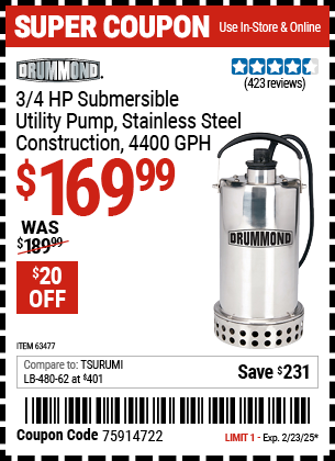 DRUMMOND 3/4 HP Submersible Utility Pump, Stainless Steel Construction 4400 GPH