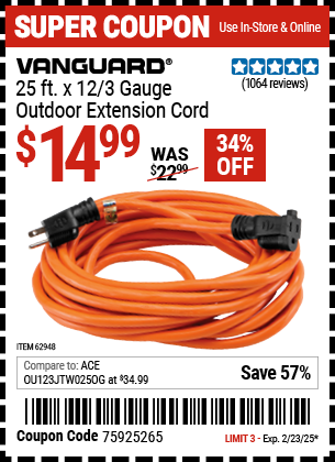 VANGUARD 25 ft. x 12/3 Gauge Outdoor Extension Cord