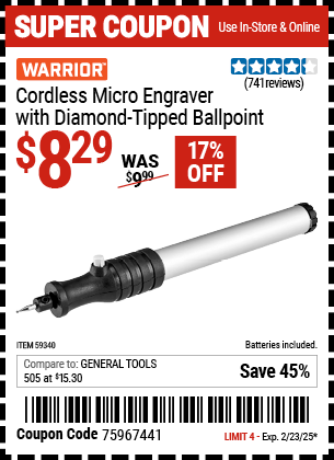 WARRIOR Cordless Micro Engraver with Diamond-Tipped Ballpoint