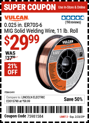 VULCAN 0.025 in. ER70S-6 MIG Solid Welding Wire, 11 lb. Roll