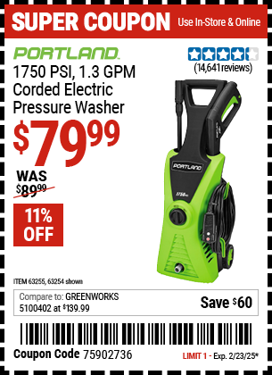 PORTLAND 1750 PSI 1.3 GPM Corded Electric Pressure Washer