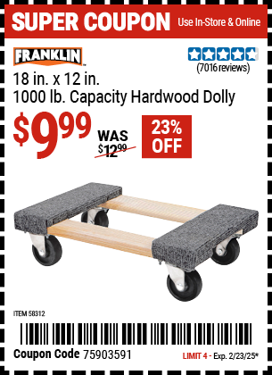 FRANKLIN 18 in. x 12 in. 1000 lb. Capacity Hardwood Dolly