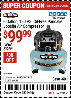 MCGRAW 6 Gallon, 150 PSI Oil-Free Pancake Jobsite Air Compressor