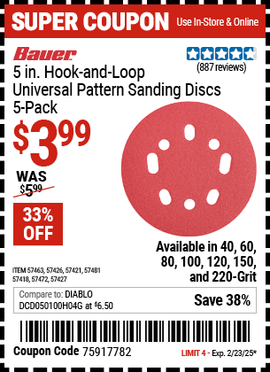 BAUER 5 in. 220 Grit Hook and Loop Universal Pattern Sanding Discs, 5 Pack