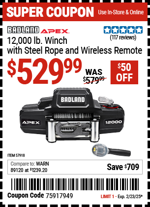 BADLAND APEX 12,000 lb. Winch with Steel Rope and Wireless Remote