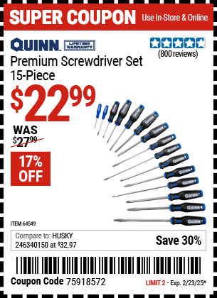 QUINN Premium Screwdriver Set, 15 Piece