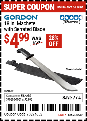 GORDON 18 in. Machete with Serrated Blade