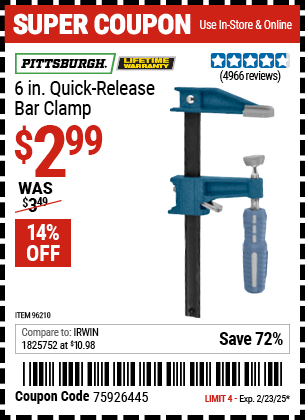 PITTSBURGH 6 in. Quick Release Bar Clamp